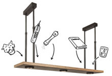 Getekende artikelen illustreren wat er op de Tray-lamp kan worden gezet - t.b.v. een advertentie voor Tierlantijn Lighting
