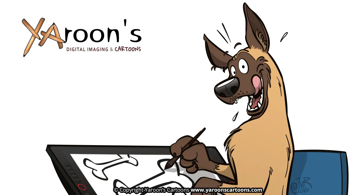 Een Cartoon laten maken? Cartoon van een hond die kluiven aan het tekenen is op een digitaal tekenscherm.