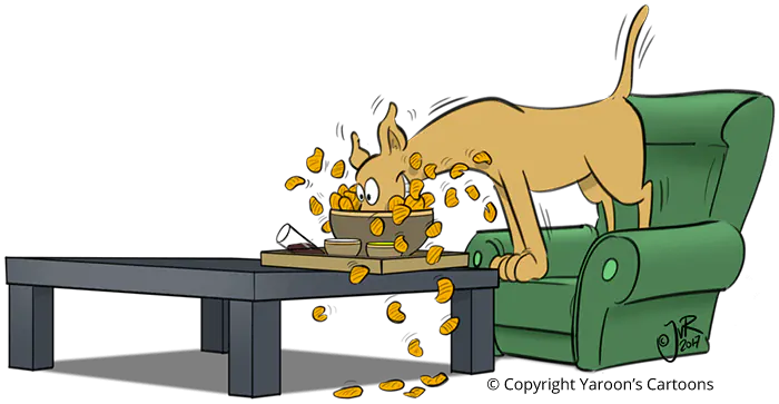 Pas Op voor de Hond! Cartoon van een hond die bovenop de tafel de chipsschaal staat leeg te schrokken.