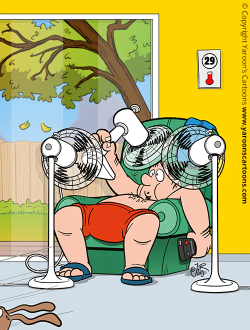 Cartoon van een zwetende man die het bloedheet heeft en zich hopeloos heeft ingebouwd met ventialators, uit de reclamefolder voor Airco voor iedereen.