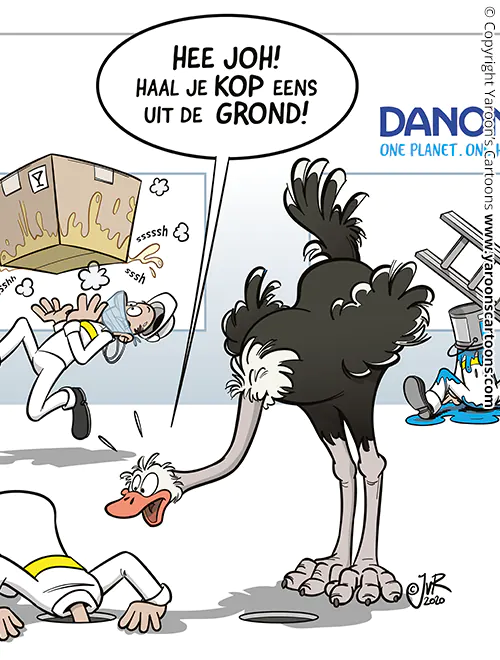 Cartoon voor Danone, een struisvogel die commentaar geeft op het personeel.