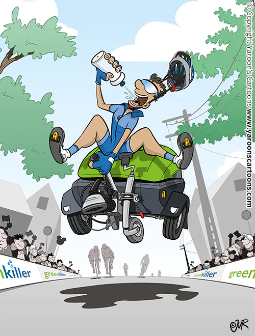 Fragment uit een poster voor Greenkiller, een cartoon van een wielrenner die op een onkruidverdelger meerijdt in een wielerwedstrijd.