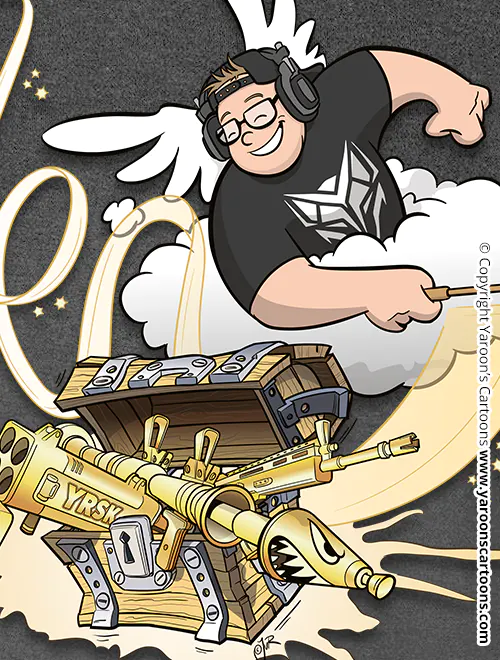 T-shirt ontwerp met een karikatuur van professioneel gamer Yarasky in een Fortnite thema.