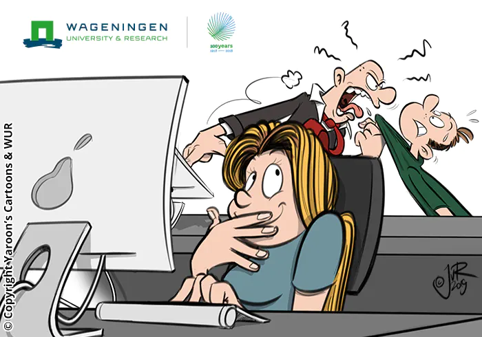 Cartoon van een boze baas die z'n werknemer de huid vol scheldt, uit een bewustwordingscampagne voor Wageningen University.